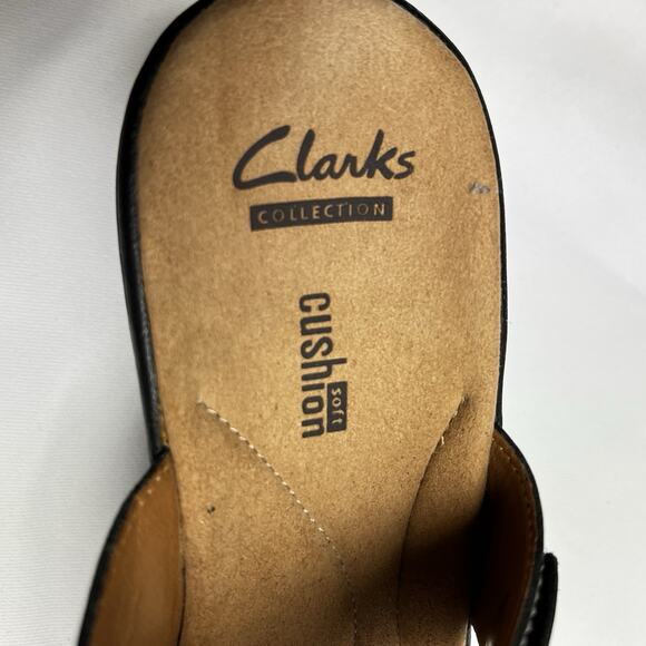 Clarks Collection Black Leather Wedge Sandals Size 7 Studded Adjustable Braided - Picture 5 of 8